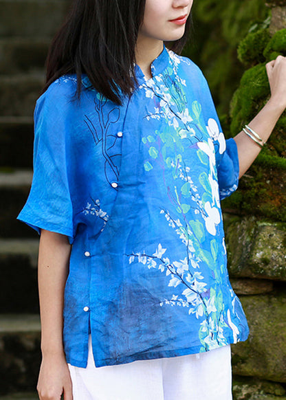 Blue Stand Collar Print Side Open Shirt Short Sleeve