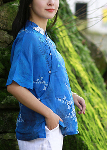 Blue Stand Collar Print Side Open Shirt Short Sleeve