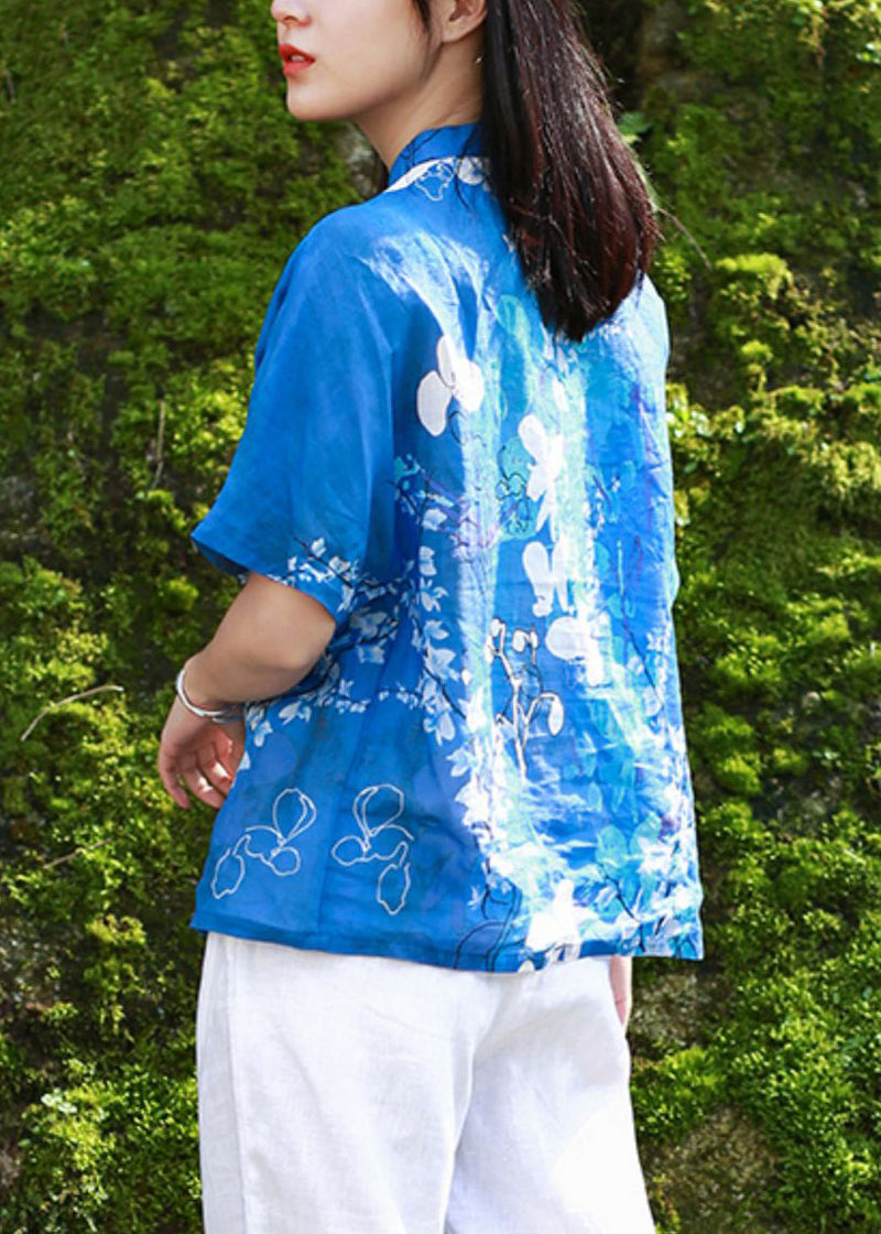 Blue Stand Collar Print Side Open Shirt Short Sleeve