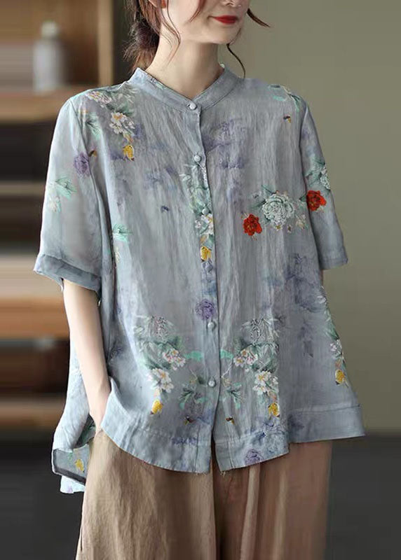 Colorful Geometry Stand Collar Print Tops Half Sleeve