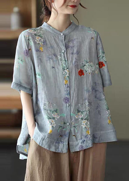 Colorful Geometry Stand Collar Print Tops Half Sleeve
