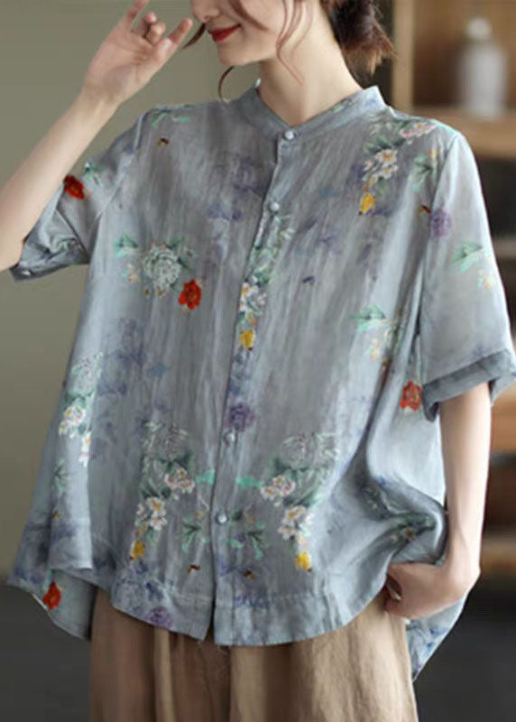 Blue Stand Collar Print Tops Half Sleeve