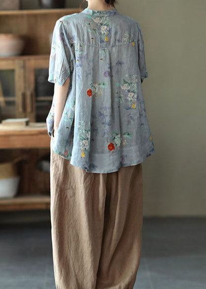 Colorful Geometry Stand Collar Print Tops Half Sleeve