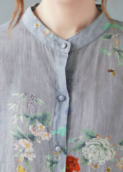 Blue Stand Collar Print Tops Half Sleeve