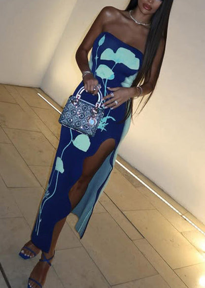 Blue Strapless Print Side Open Cotton Long Dress Sleeveless