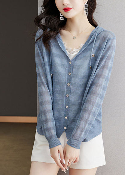 Blue Striped Patchwork Drawstring Hooded Ice Size Knit Cardigan Long Sleeve