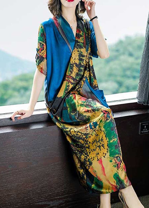 Blue V Neck Asymmetrical Design Print Satin Dresses Half Sleeve