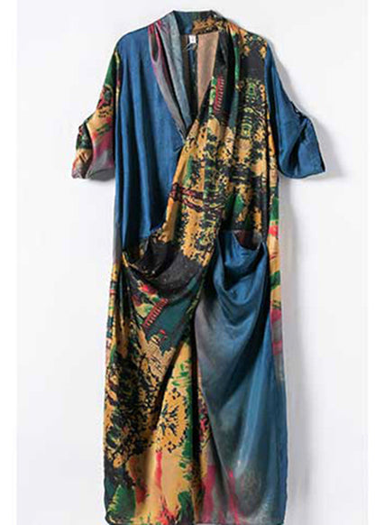Blue V Neck Asymmetrical Design Print Satin Dresses Half Sleeve