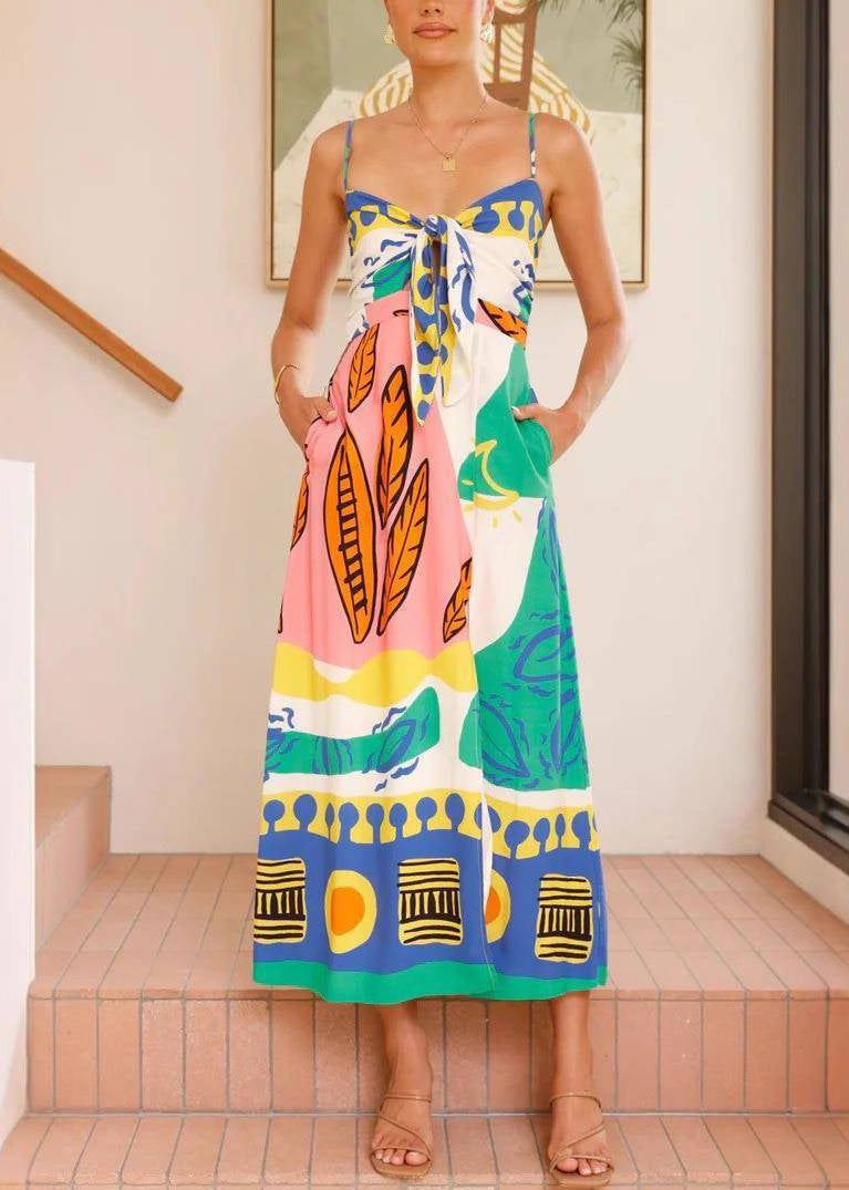 Blue V Neck Bow Side Open Long Dresses Sleeveless