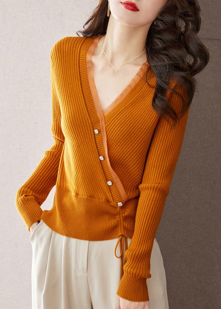 Blue V Neck Drawstring Patchwork Woolen Sweaters Fall