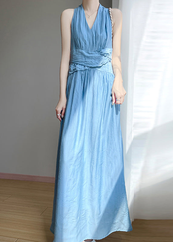 Blue V Neck High Waist Cotton Long Dress Sleeveless