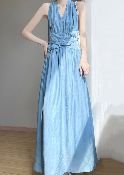 Blue V Neck High Waist Cotton Long Dress Sleeveless