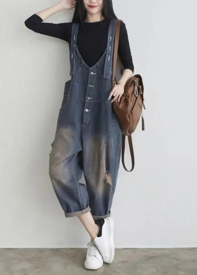 Blue V Neck Patchwork Button Jumpsuit Summer