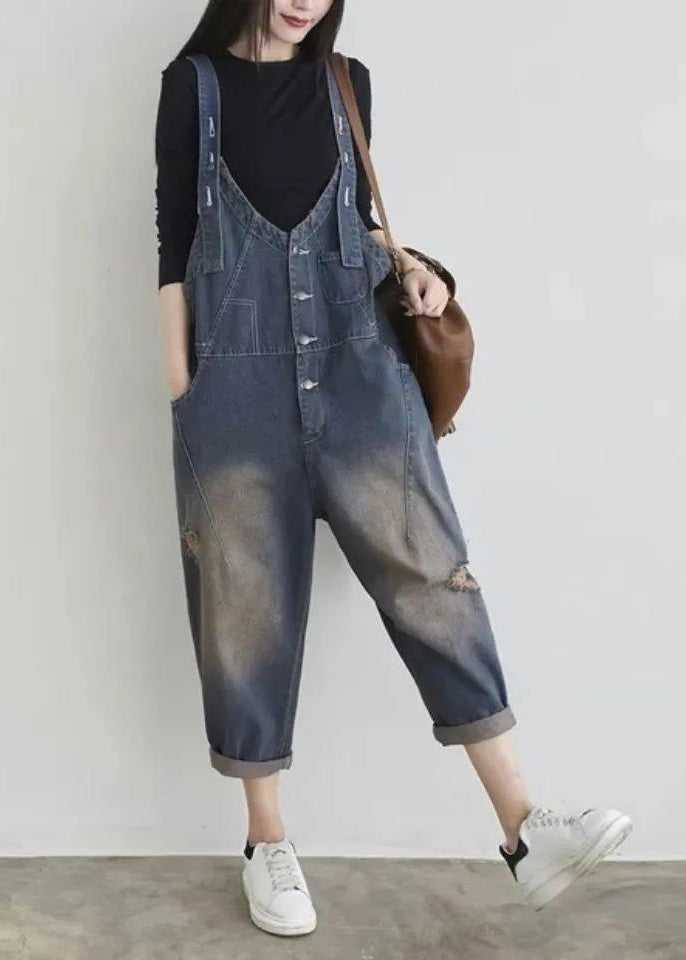 Blue V Neck Patchwork Button Jumpsuit Summer