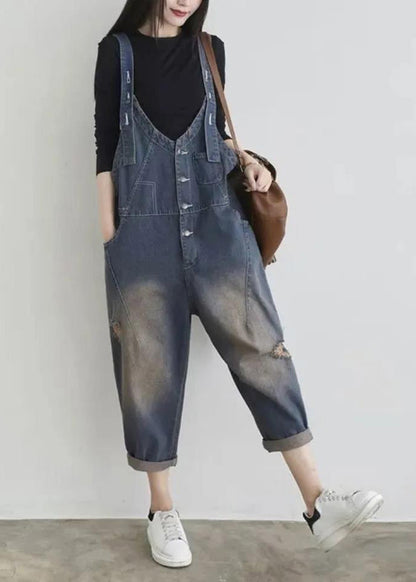 Blue V Neck Patchwork Button Jumpsuit Summer