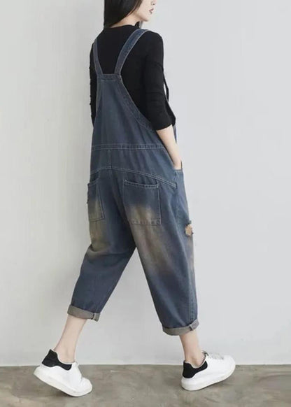 Blue V Neck Patchwork Button Jumpsuit Summer