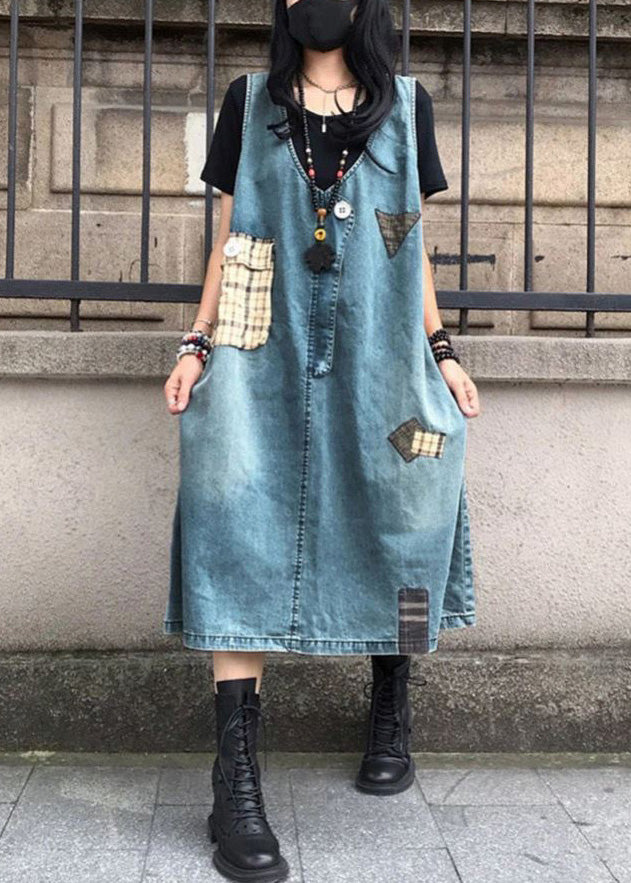 Blue V Neck Patchwork Denim Maxi Slip Dress Sleeveless