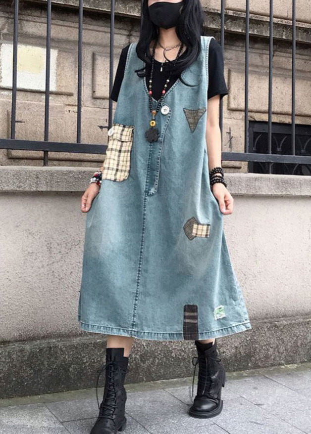 Blue V Neck Patchwork Denim Maxi Slip Dress Sleeveless