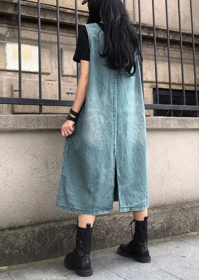 Blue V Neck Patchwork Denim Maxi Slip Dress Sleeveless