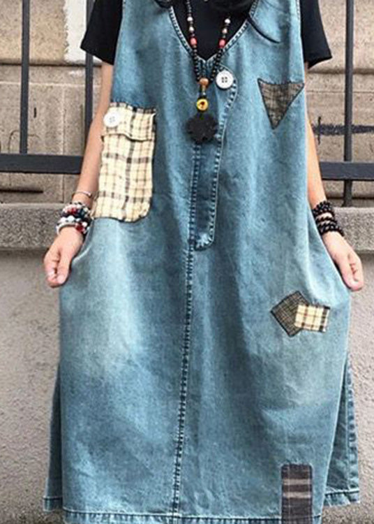 Blue V Neck Patchwork Denim Maxi Slip Dress Sleeveless