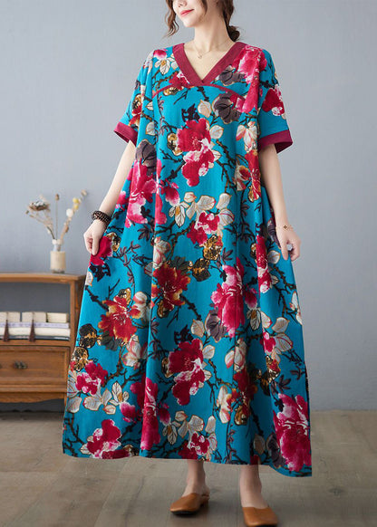 Blue V Neck Patchwork Print Cotton Dresses Short Sleeve