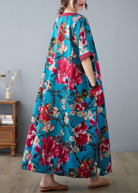 Blue V Neck Patchwork Print Cotton Dresses Short Sleeve