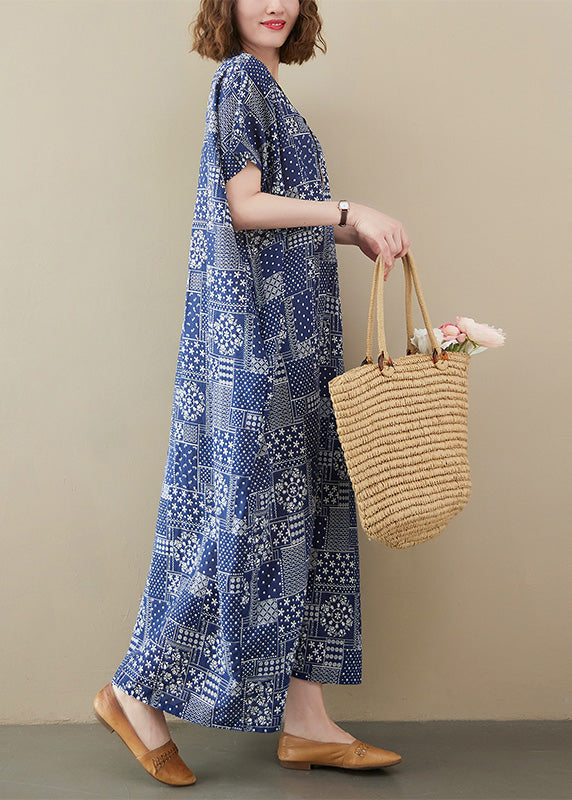 Blue V Neck Print Cotton Beach Long Dress Short Sleeve