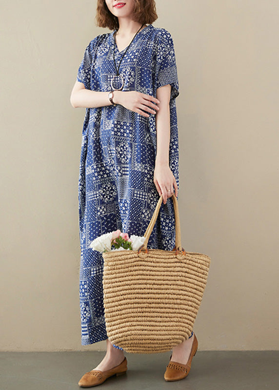 Blue V Neck Print Cotton Beach Long Dress Short Sleeve