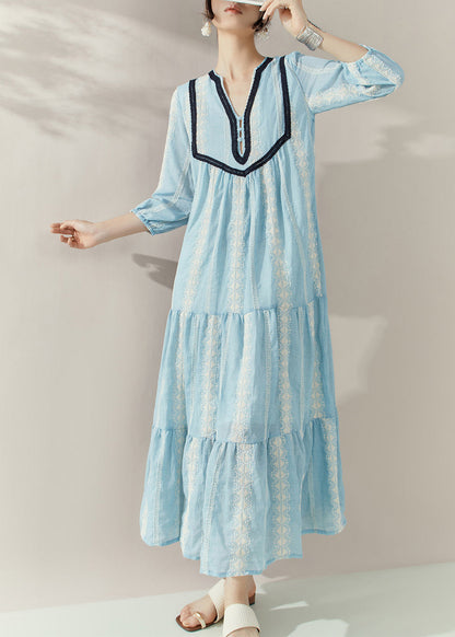 Blue V Neck Print Cotton Holiday Dress Half Sleeve