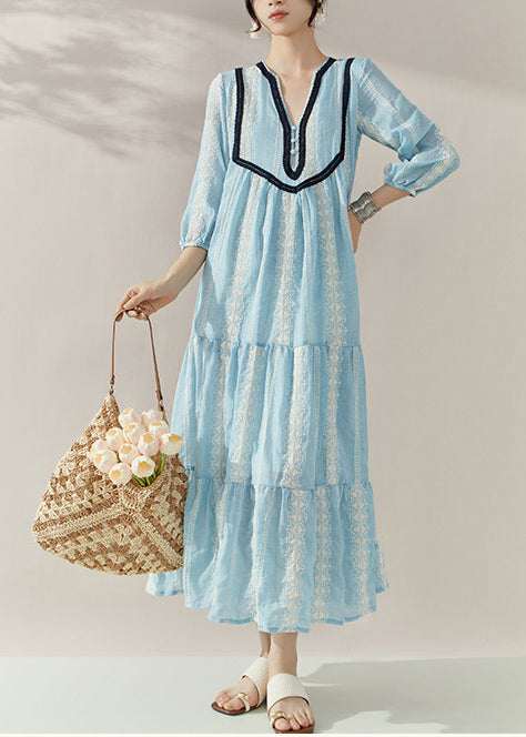 Blue V Neck Print Cotton Holiday Dress Half Sleeve