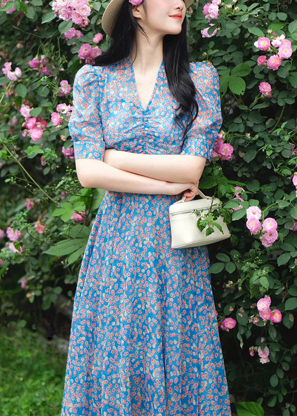 Blue V Neck Print Pockets Cotton Dress Summer