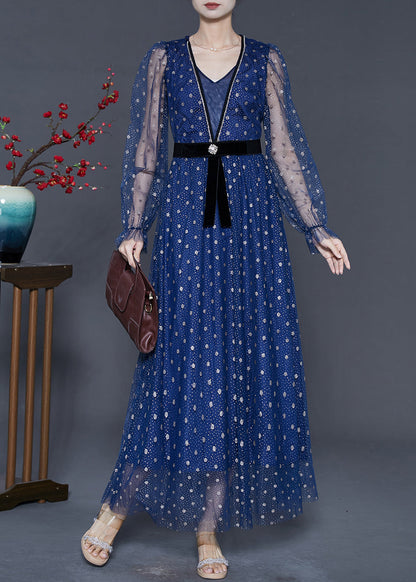 Blue V Neck Print Tulle Long Dresses Summer