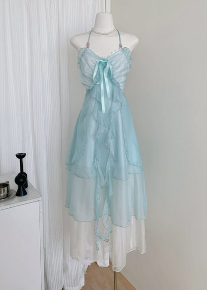 Blue V Neck Ruffled Lace Up Chiffon Long Dresses Sleeveless