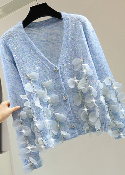 Blue V Neck Sequins Nail Bead Tassel Cotton Knit Sweater Tops Winter