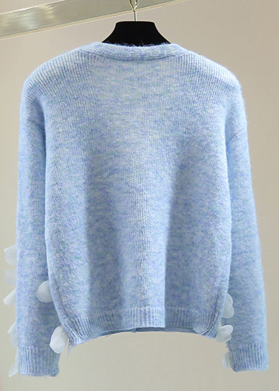 Blue V Neck Sequins Nail Bead Tassel Cotton Knit Sweater Tops Winter