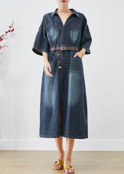 Blue V Neck Side Open Denim Long Dress Fall