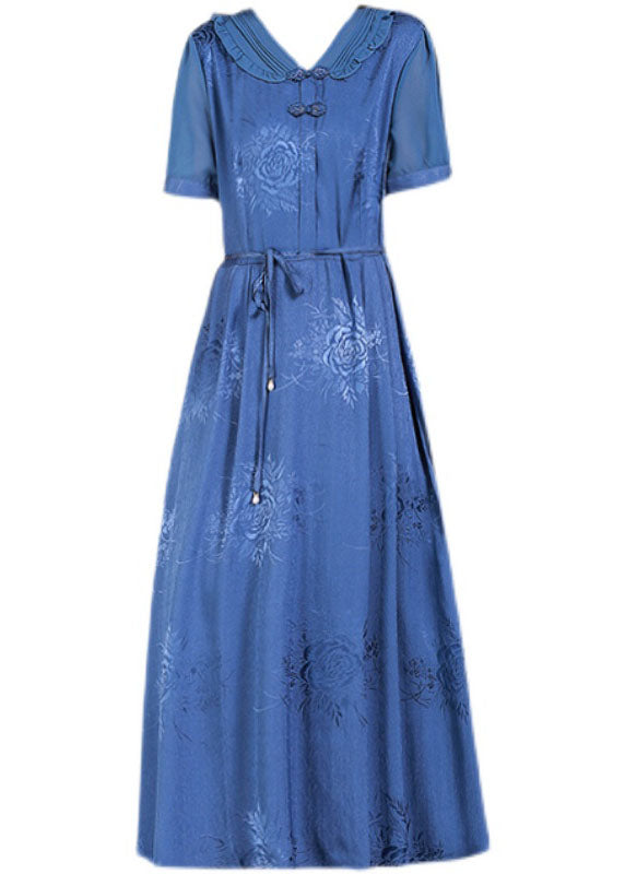 Blue V Neck Tie Waist Jacquard Oriental Button Silk Holiday Dress Summer
