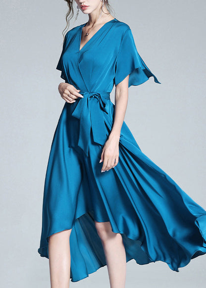 Blue V Neck Tie Waist Silk Long Dresses Summer