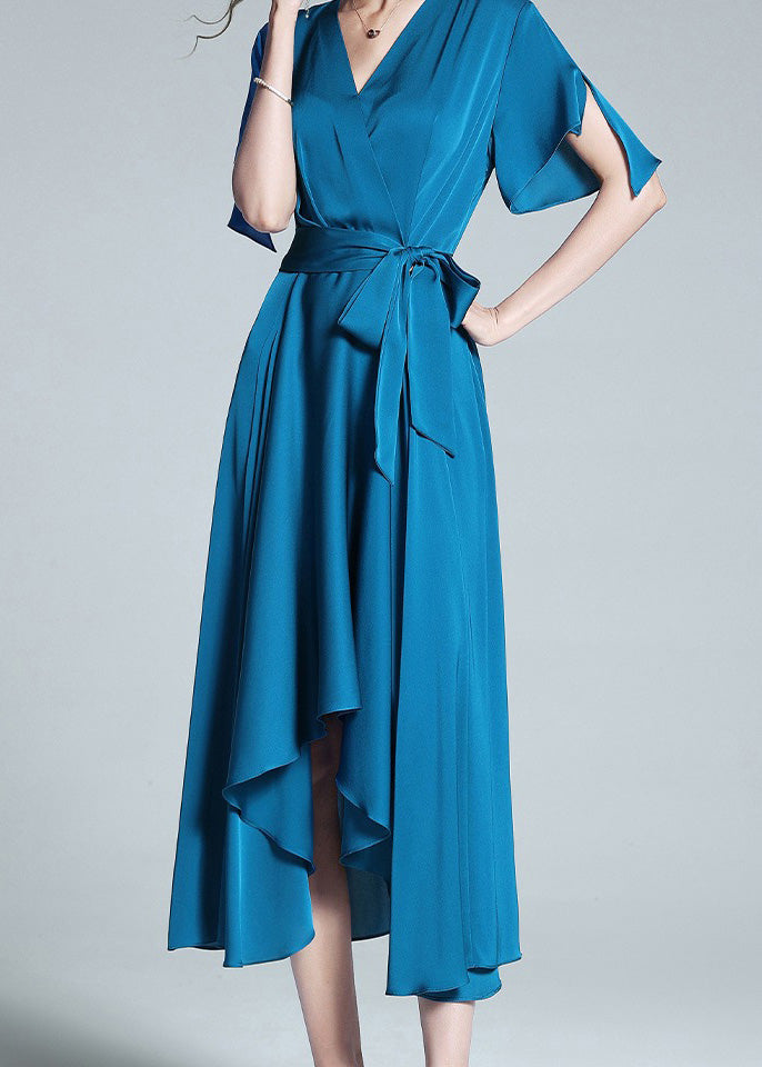 Blue V Neck Tie Waist Silk Long Dresses Summer