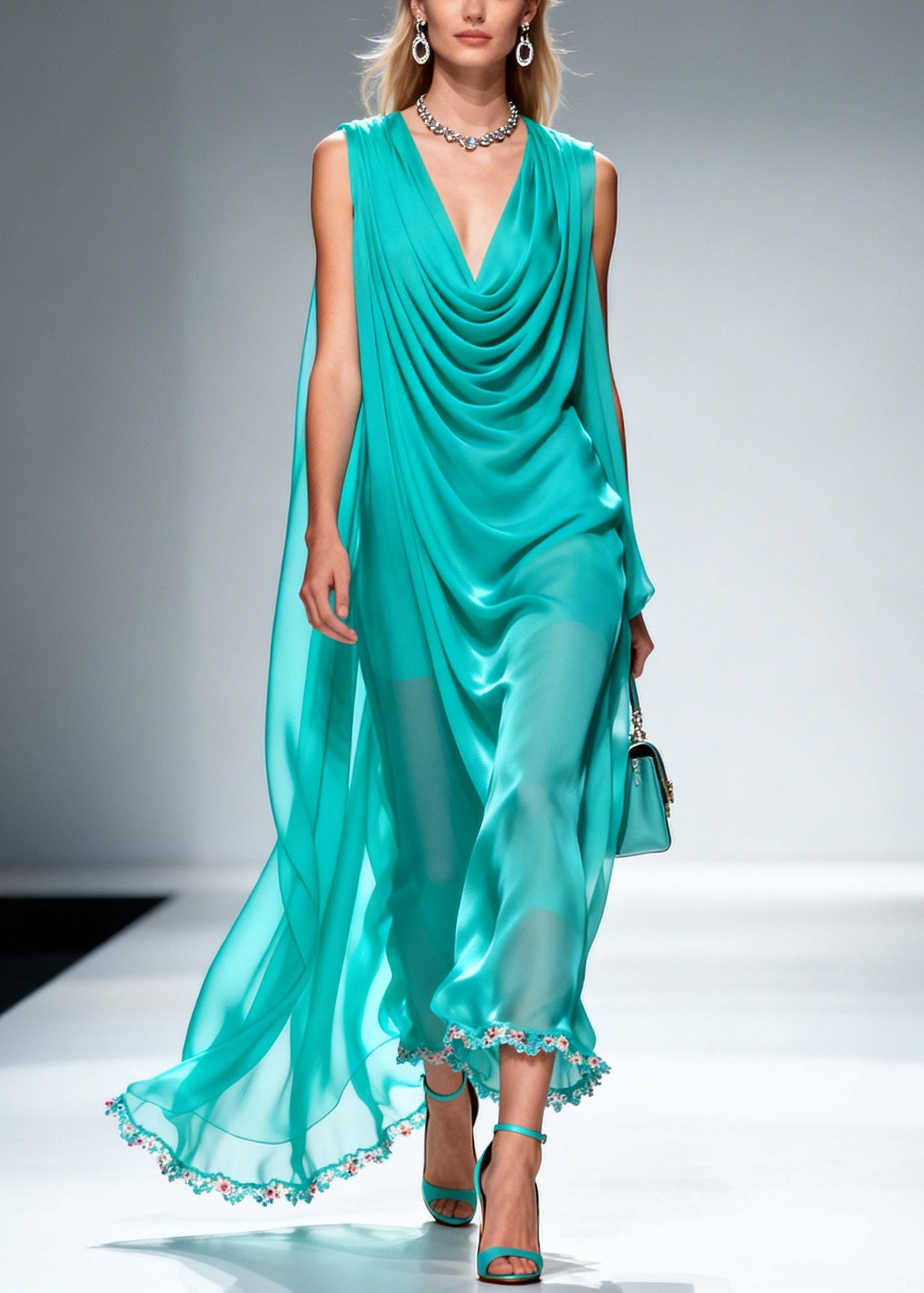 Blue Wrinkled Draping Chiffon Long Dress Summer