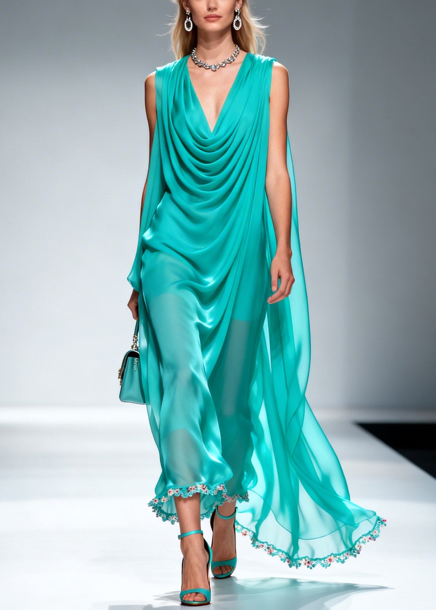 Blue Wrinkled Draping Chiffon Long Dress Summer