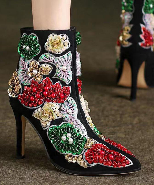 Black Embroidered Nail Bead Short Boots Stiletto Sheepskin