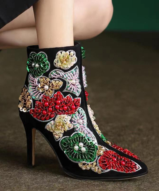 Black Embroidered Nail Bead Short Boots Stiletto Sheepskin