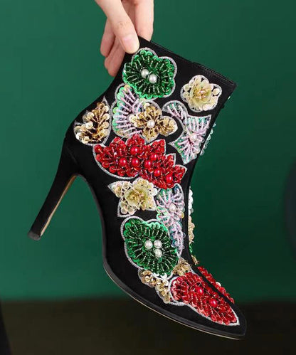 Black Embroidered Nail Bead Short Boots Stiletto Sheepskin