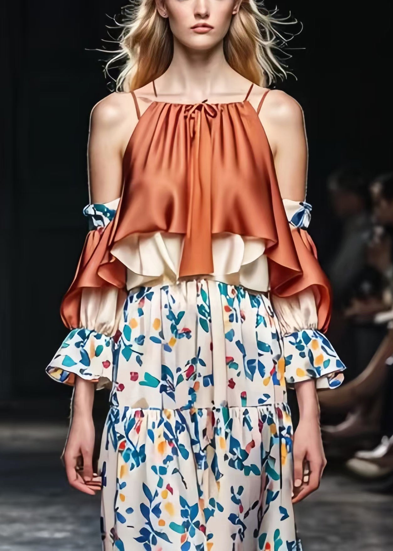 Brown Cold Shoulder Patchwork Print Silk Dresses Spring