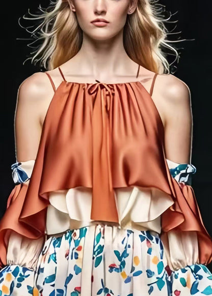 Brown Cold Shoulder Patchwork Print Silk Dresses Spring