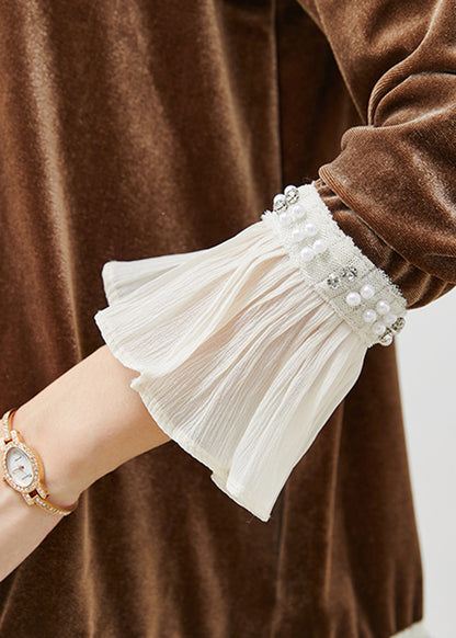 Brown Nail Bead Patchwork Silk Velour Tops Flare Sleeve