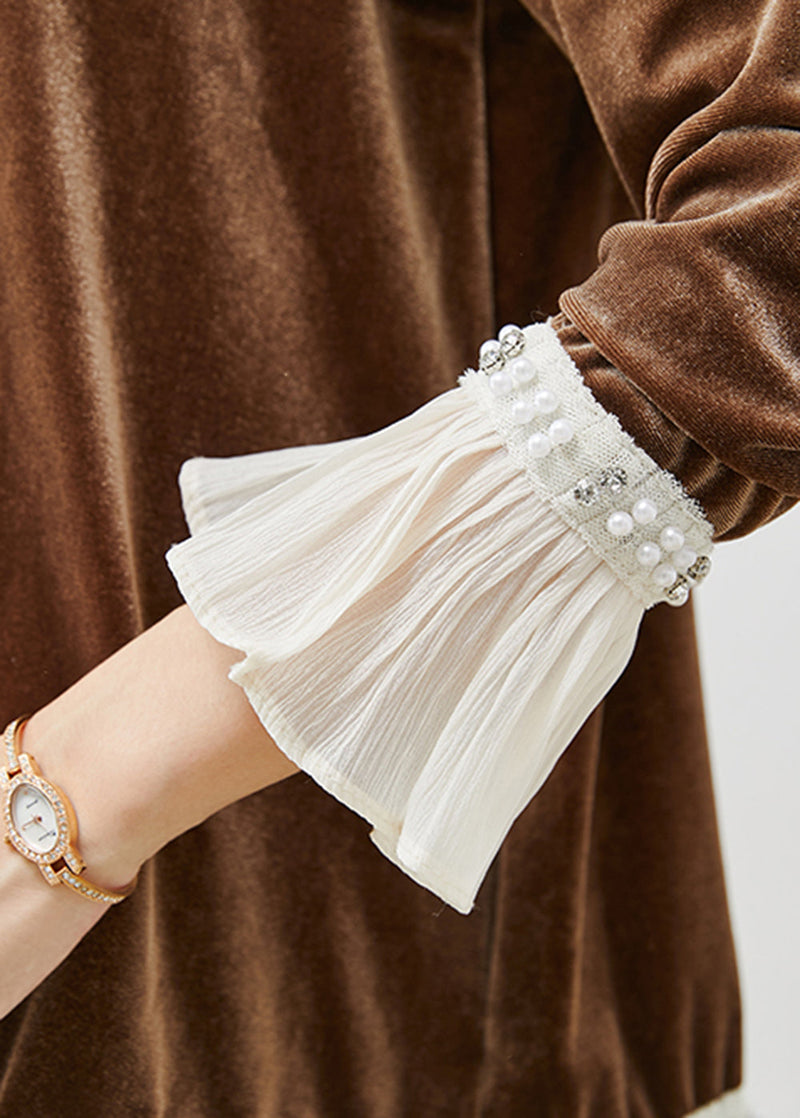Brown Nail Bead Patchwork Silk Velour Tops Flare Sleeve