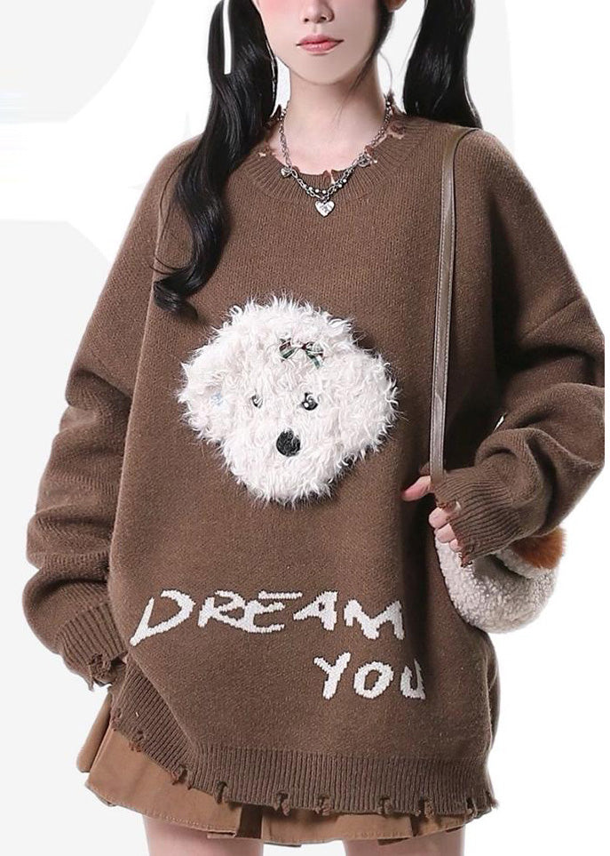 Brown Oversized Dog Knit Sweaters Spring