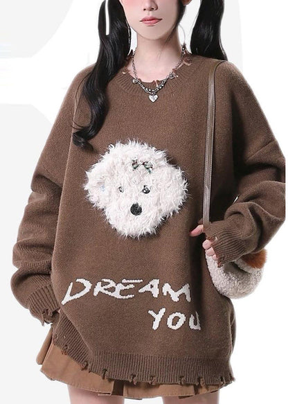 Brown Oversized Dog Knit Sweaters Spring